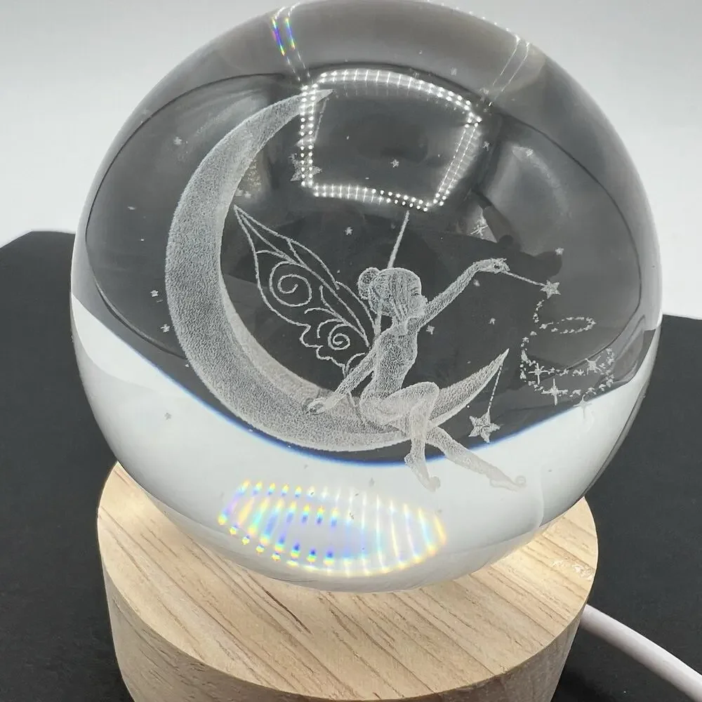 Lighted Tinkerbell Moon Fairy Glass Orb Ball Paperweight Night Light 2.5